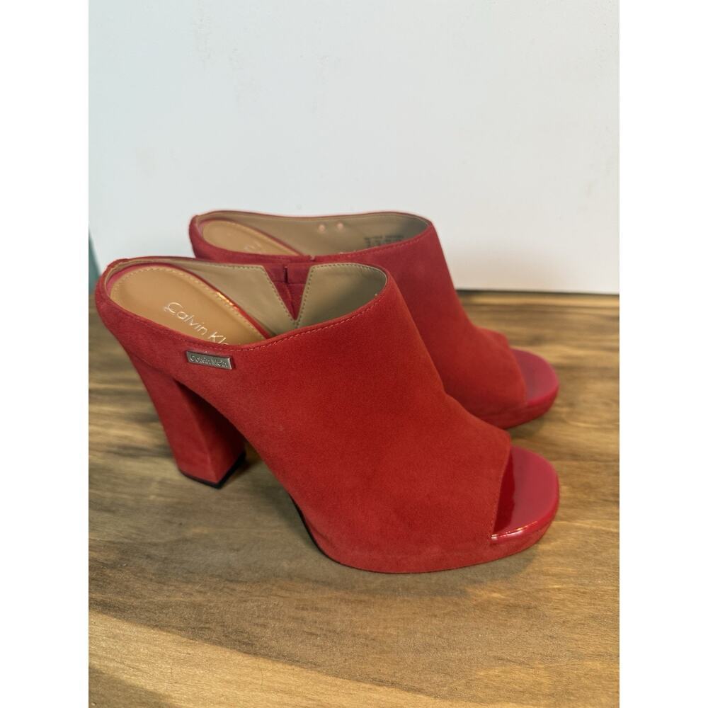 Calvin Klein Red Suede Open Toe Block Heel Mules Women’s Size 8 -shoes - Picture 12 of 13